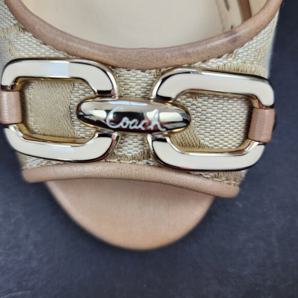 EUC - Coach Cynthia Signature Wedge Peep Toe Sandal Khaki Size 6B - Picture 12 of 16
